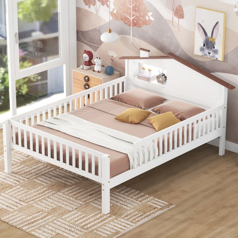 Full Size Wood Platform Bed with House-Shaped Headboard, LED Light, Built-in Storage, 82" L x 56" W x 36" H, White