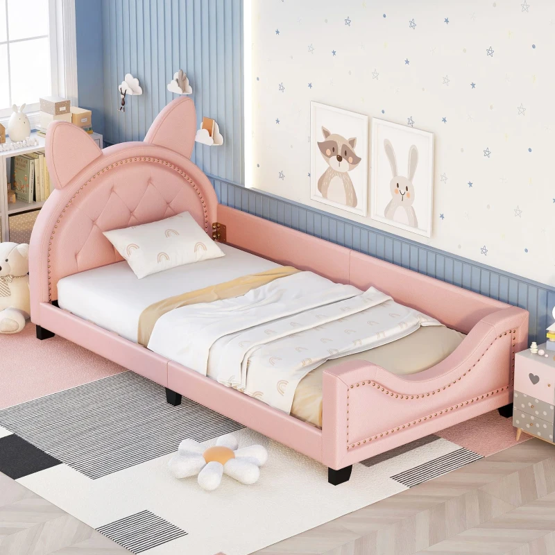 Twin Size Upholstered Daybed with Carton Ears Shaped Headboard, Sturdy Wood Frame, Easy Assembly, 80" L x 41" W x 37" H, Pink