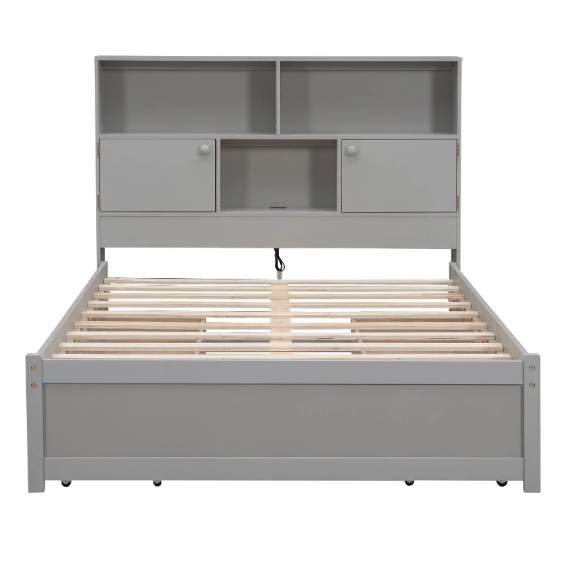 Vinsetto Full Size Platform Bed with Storage Headboard, Charging Station, 4 Drawers, Solid Wood and MDF, 85" L x 55" W x 48" H, Gray