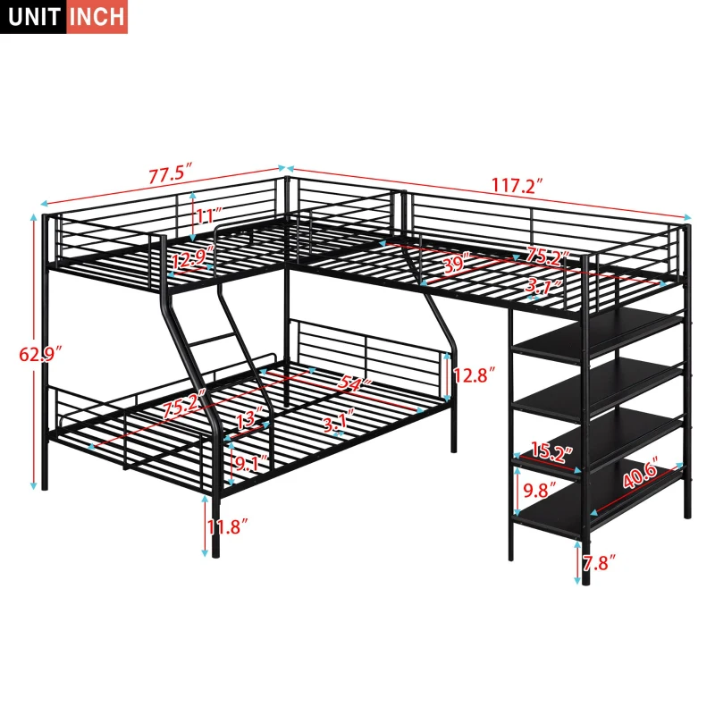 L-Shaped Twin over Full Bunk Bed and Twin Loft Bed with Built-in Shelves, Full-Length Guardrails, and Ladder, 117" L x 77.5" W x 63" H, Black