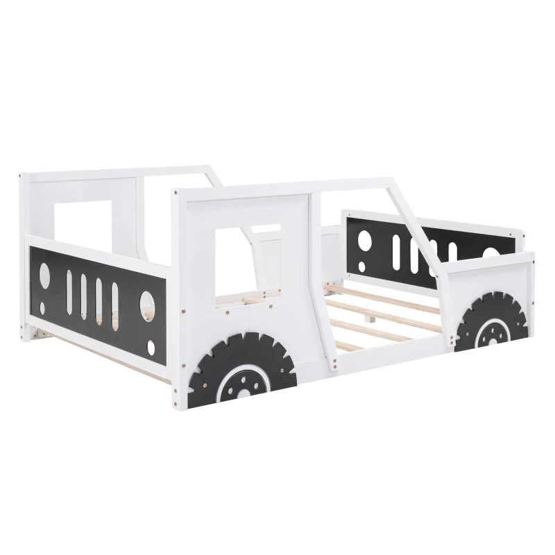 Full Size Classic Car-Shaped Platform Bed with Wheels, Sturdy Pine Wood and MDF Frame, Easy Assembly, 77.5" L x 57" W x 32" H, White