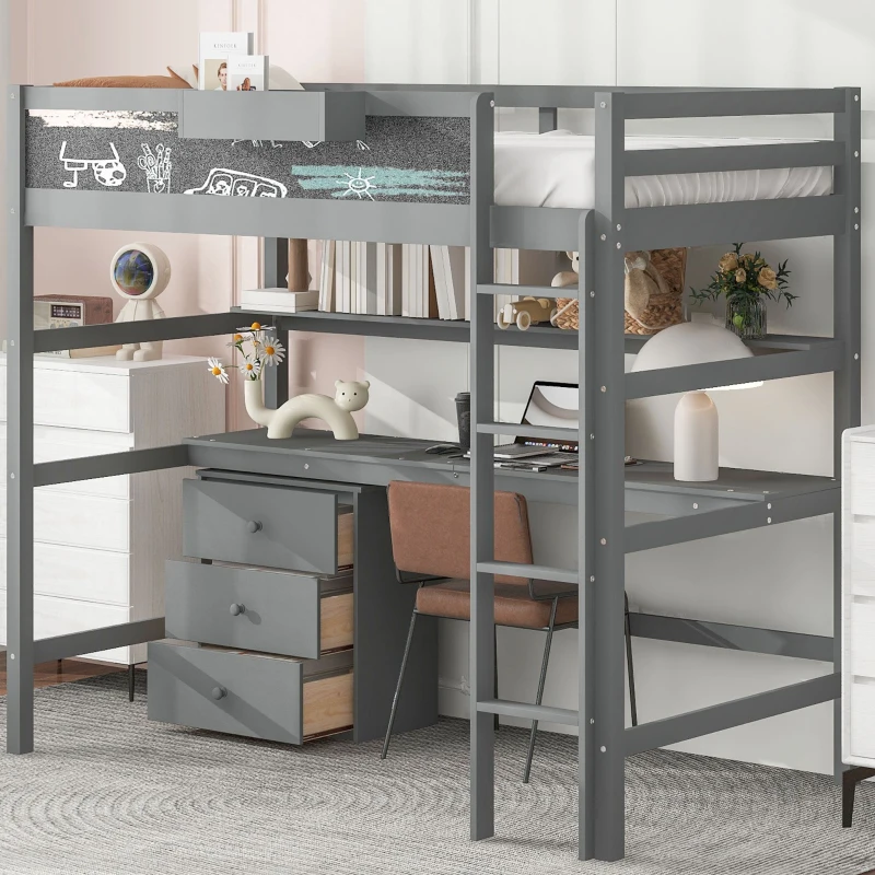 Wood Twin Size Loft Bed with Desk, Blackboard, Storage Box, Shelf, and 3 Drawers, 79" L x 42" W x 69.5" H, Gray