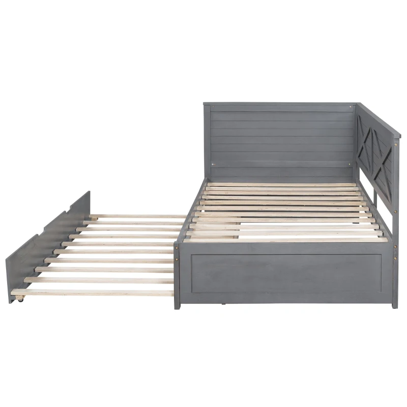 Vinsetto Twin Size Wood Daybed with Trundle, Rustic Guardrail, Solid Wood Construction, 77.5" L x 42" W x 33.5" H, Grey