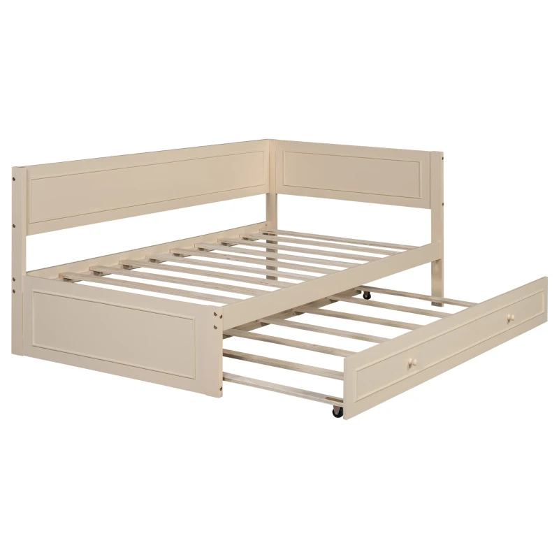Vinsetto Vintage Style Twin Size Wood Daybed with Trundle and Guardrail, Solid Wood Construction, 77" L x 40.5" W x 31.5" H, Beige