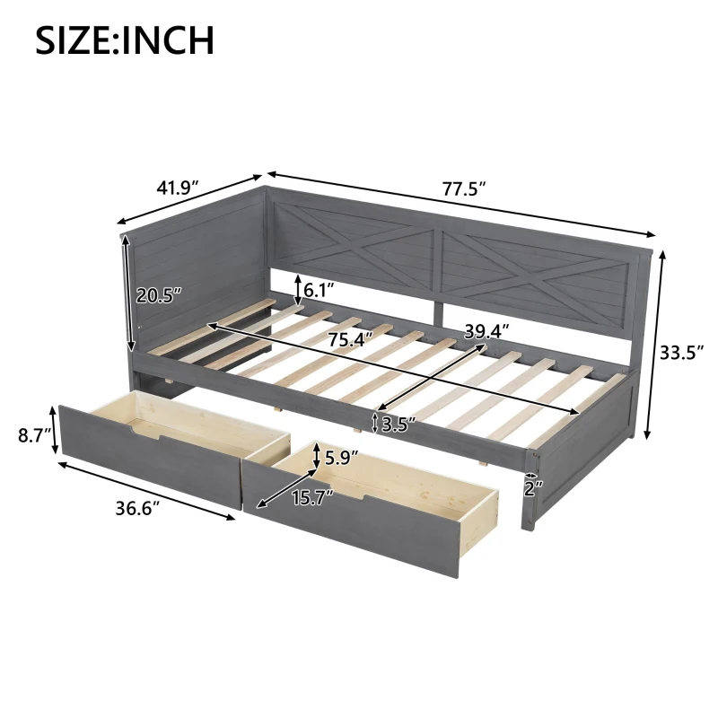 Vinsetto Twin Size Wood Daybed with 2 Drawers, Rustic Guardrail, Solid Pine Wood and MDF, 77.5" L x 42" W x 33.5" H, Grey