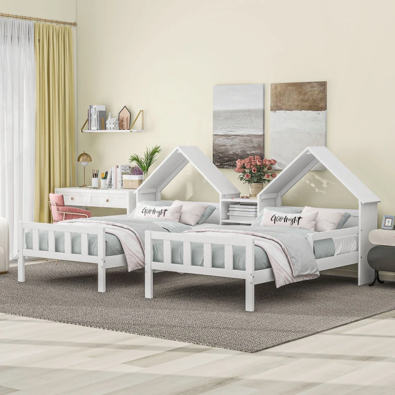 Double Twin Size Platform Bed with House-Shaped Headboard, Built-in Nightstand, Solid Wood Construction, 99.5" L x 78" W x 48" H, White