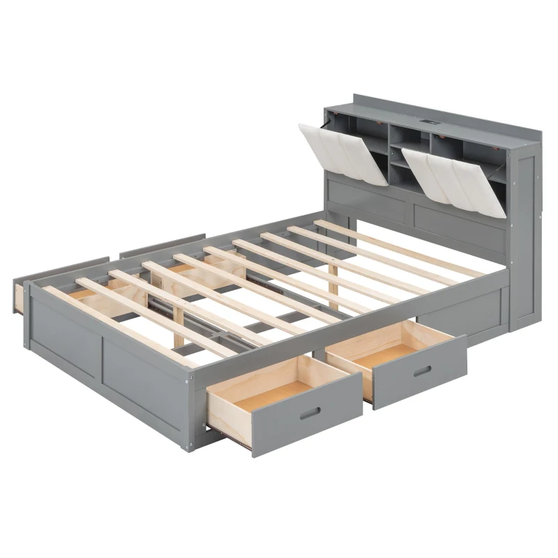 Vinsetto Wood Full Size Platform Bed with Storage Headboard, 4 Drawers, USB Charging Interface, 87" L x 56.5" W x 39.5" H, Gray