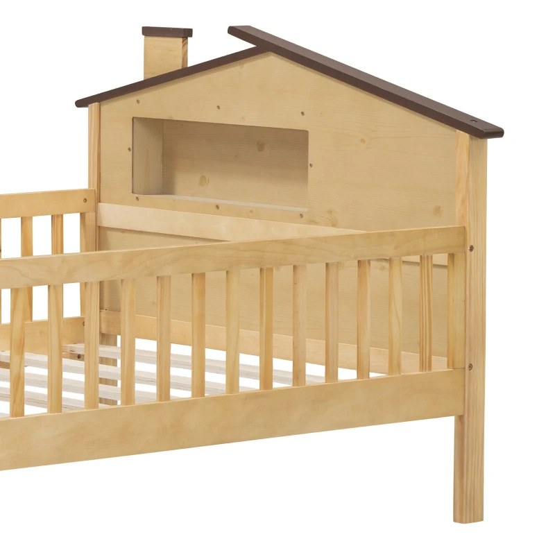 Twin Size Wood Platform Bed with House-Shaped Headboard, LED Light, Built-in Storage, 82" L x 41" W x 36" H, Natural