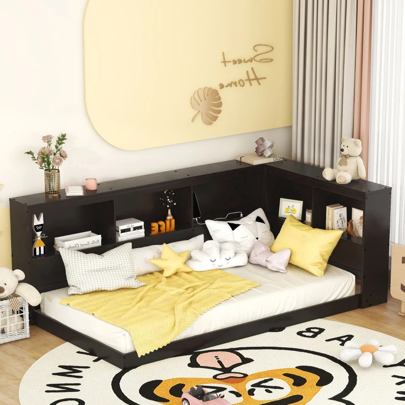 Wood Twin Size Daybed with Storage Cabinets and USB Ports, Solid Pine Wood Construction, 87" L x 50" W x 31.5" H, Espresso