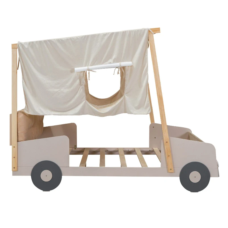Wood Full Size Car Bed with Pillow, Ceiling Cloth, LED Lights, and Magazine Holder, 79" L x 57.5" W x 62" H, Natural