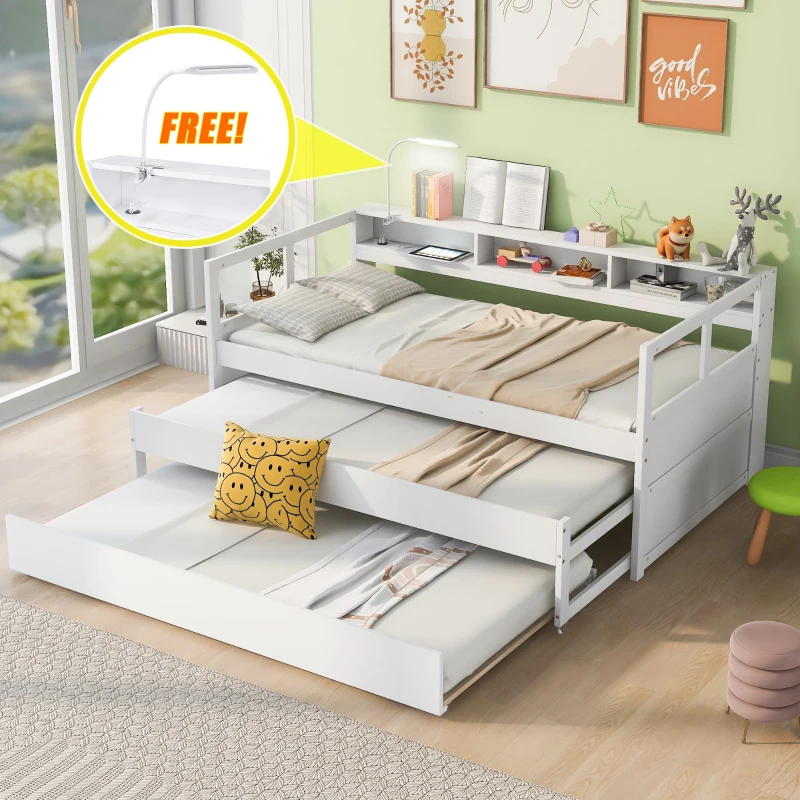 Twin XL Wood Daybed with 2 Trundles, 3 Storage Cubbies, USB Charging Design, and Free Light, 82" L x 129.5" W x 35.5" H, White