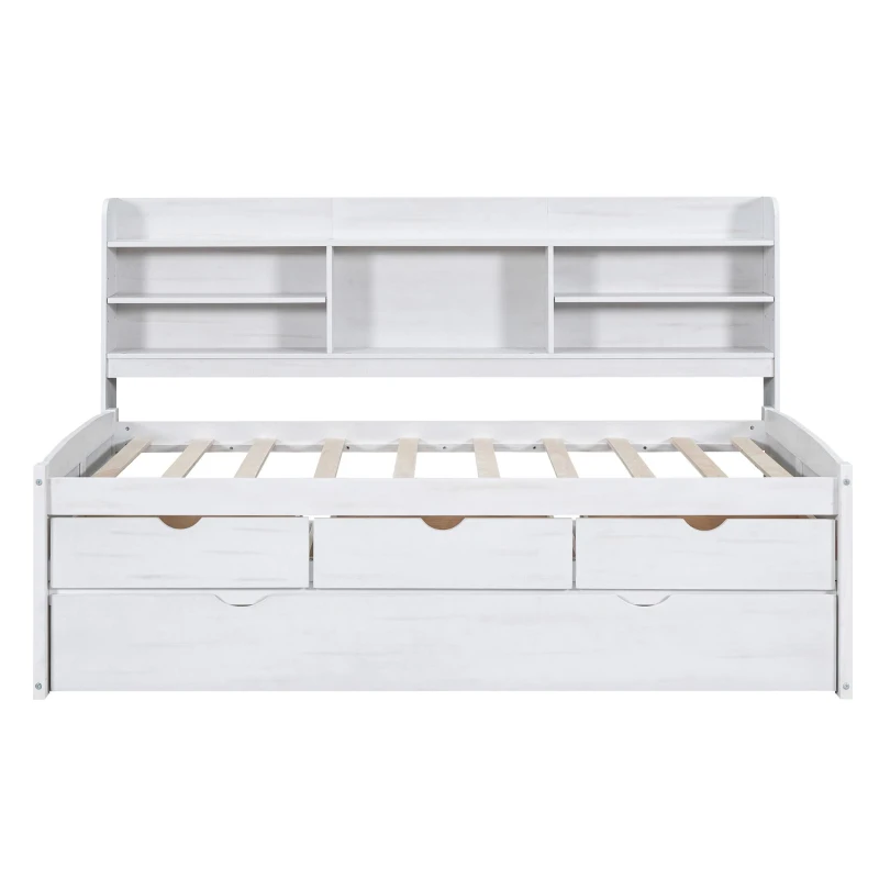 Vinsetto Classic Style Twin Size Wooden Captain Bed with Built-in Bookshelves, 3 Storage Drawers, Trundle, 77.5" L x 88" W x 47" H, White Washed