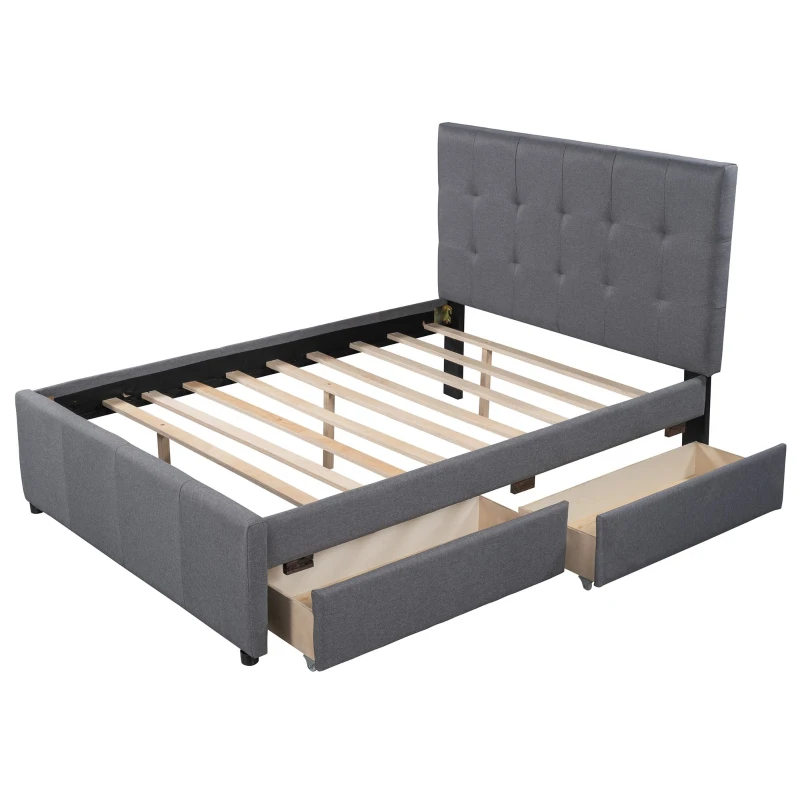 Vinsetto Full Size Linen Upholstered Platform Bed with Headboard and 2 Drawers, Solid Wood Frame, Built-in Slats, 79" L x 58" W x 47" H, Gray
