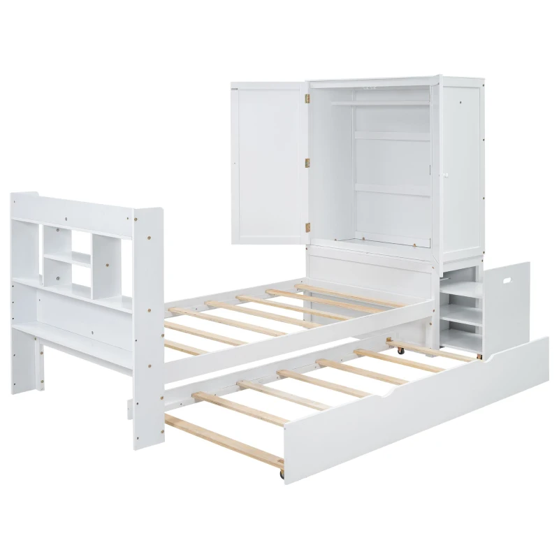 Vinsetto Twin Size Platform Bed with Storage Headboard, Footboard, Pull Out Shelves, and Twin Size Trundle, 101" L x 41.5" W x 65.5" H, White