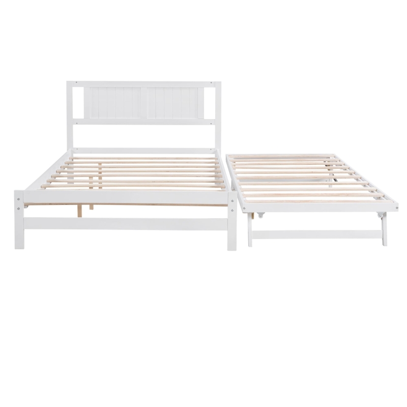Full Size Platform Bed with Adjustable Trundle, Solid Pine Wood and MDF, 78" L x 97.5" W x 39.5" H, White