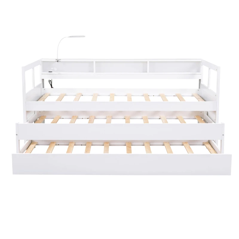 Twin XL Wood Daybed with 2 Trundles, 3 Storage Cubbies, USB Charging Design, and Free Light, 82" L x 129.5" W x 35.5" H, White