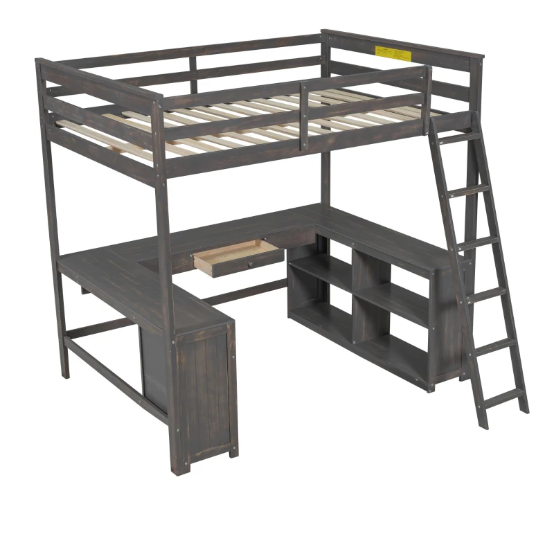 Full Size Loft Bed with U-shaped Desk, Drawers, Storage Shelves, and Sturdy Wood Frame, 77.5" L x 70" W x 75.5" H, Antique Brown