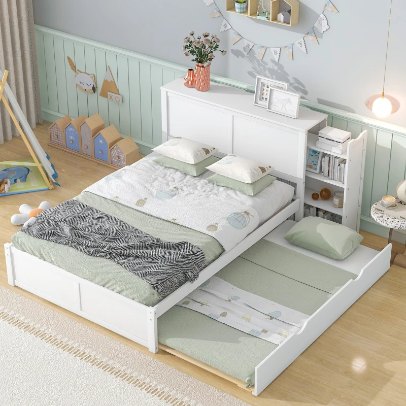 Full Size Storage Platform Bed with Pull Out Shelves, Twin Size Trundle, Solid Wood and MDF, 98" L x 89" W x 39.5" H, White