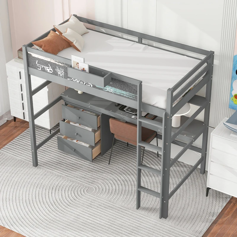 Wood Twin Size Loft Bed with Desk, Blackboard, Storage Box, Shelf, and 3 Drawers, 79" L x 42" W x 69.5" H, Gray