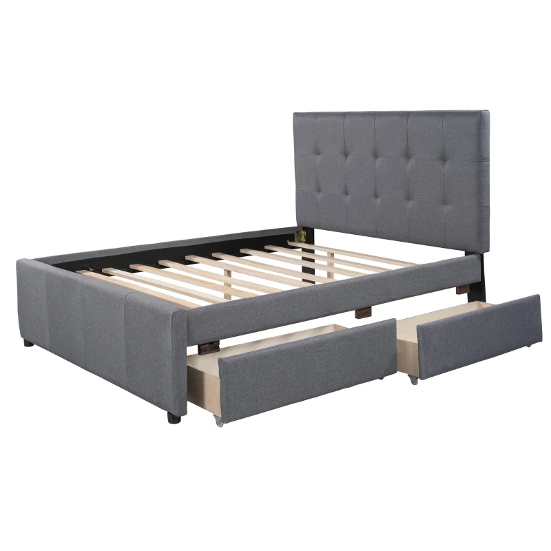 Vinsetto Full Size Linen Upholstered Platform Bed with Headboard and 2 Drawers, Solid Wood Frame, Built-in Slats, 79" L x 58" W x 47" H, Gray