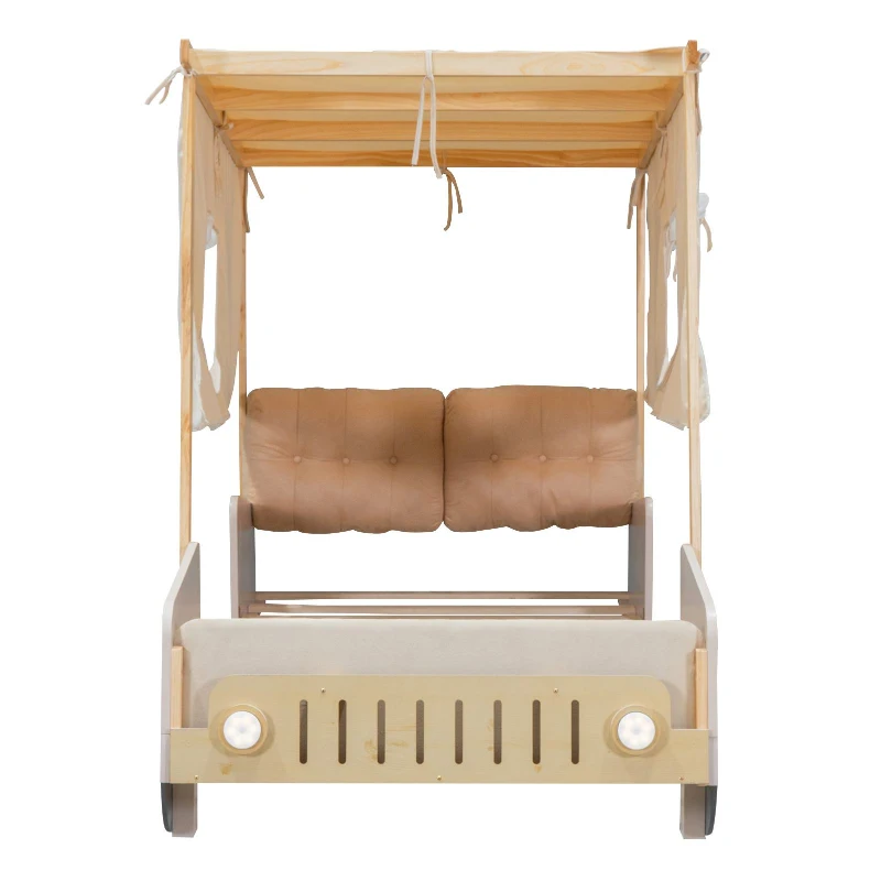 Wood Twin Size Car Bed with Pillow, Ceiling Cloth, LED Lights, and Magazine Holder, 79" L x 42.5" W x 62" H, Natural