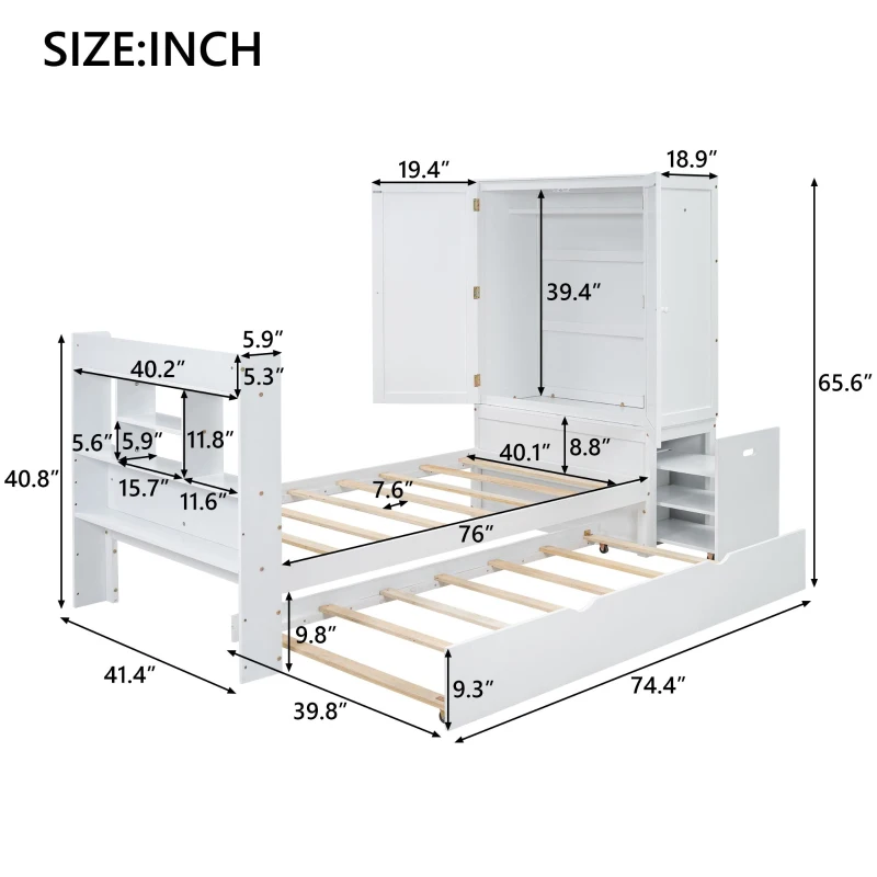 Vinsetto Twin Size Platform Bed with Storage Headboard, Footboard, Pull Out Shelves, and Twin Size Trundle, 101" L x 41.5" W x 65.5" H, White