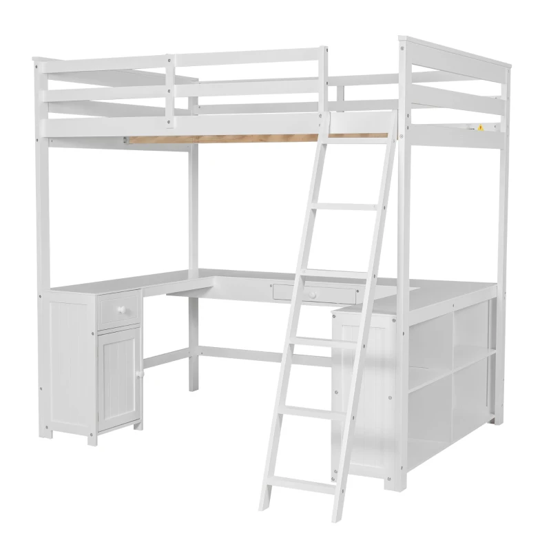 Full Size Loft Bed with U-shaped Desk, Drawers, Storage Shelves, and Sturdy Wood Frame, 77.5" L x 70" W x 75.5" H, White