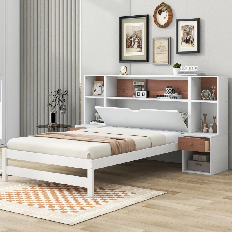 Vinsetto Twin Size Platform Bed with Storage Headboard, Drawers, and Nightstands, Solid Wood and MDF, 87" L x 73.5" W x 45" H, White