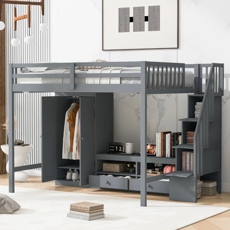 Full Size Loft Bed Frame with Wardrobe, Low Storage Table, Storage Staircase, Solid Wood and MDF, 93.5" L x 56.5" W x 65.5" H, Gray