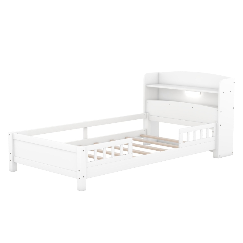 Wood Twin Size Platform Bed with Built-in LED Light, Storage Headboard, Guardrail, and Sturdy Construction, 87" L x 43" W x 31" H, White