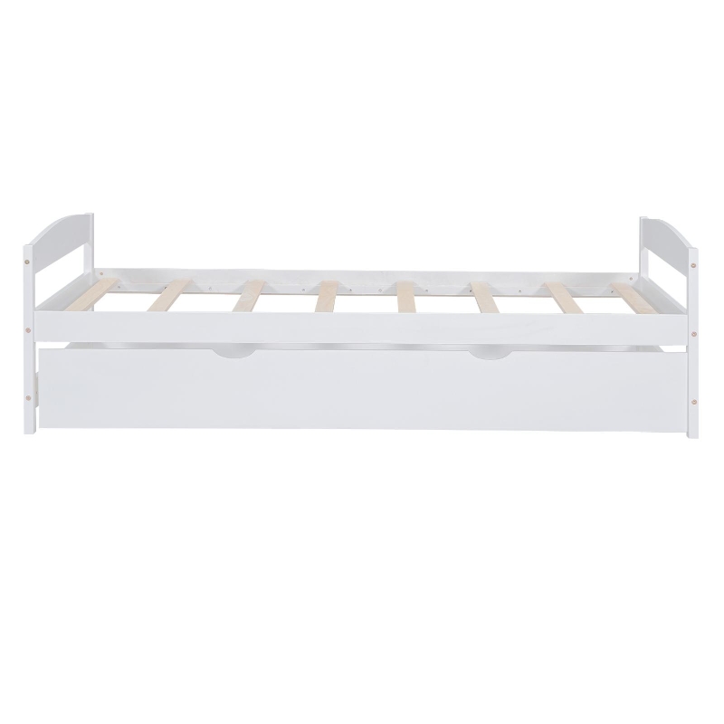 Twin Size Platform Bed with Twin Size Trundle, Headboard and Footboard, Sturdy Pine Wood Construction, 77.5" L x 40.5" W x 22" H, White