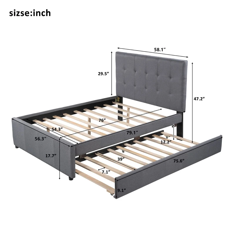 Vinsetto Full Size Linen Upholstered Platform Bed with Headboard and Trundle, Solid Wood Frame, Built-in Slats, 79" L x 58" W x 47" H, Gray