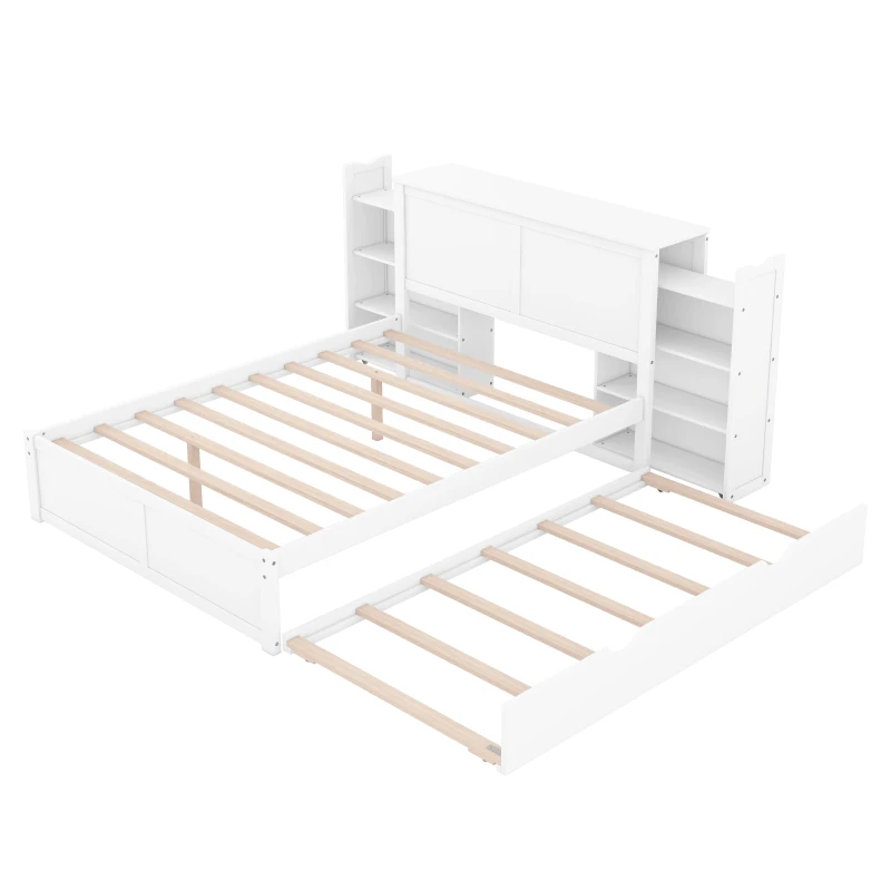 Full Size Storage Platform Bed with Pull Out Shelves, Twin Size Trundle, Solid Wood and MDF, 98" L x 89" W x 39.5" H, White