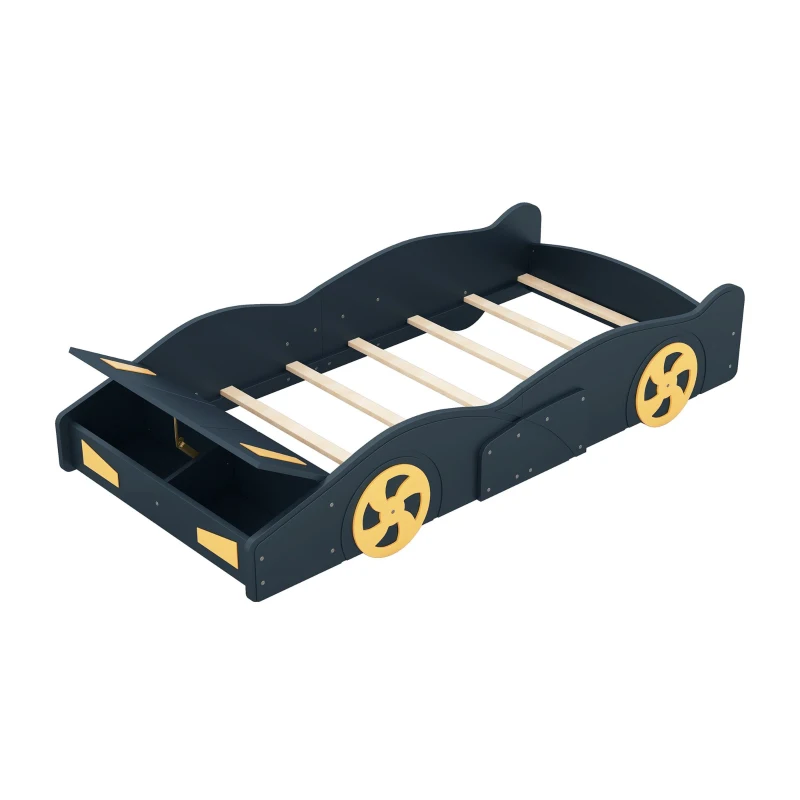 Twin Size Race Car-Shaped Platform Bed with Wheels and Storage, Solid Wood and MDF, 90.5" L x 40" W x 15.5" H, Dark Blue
