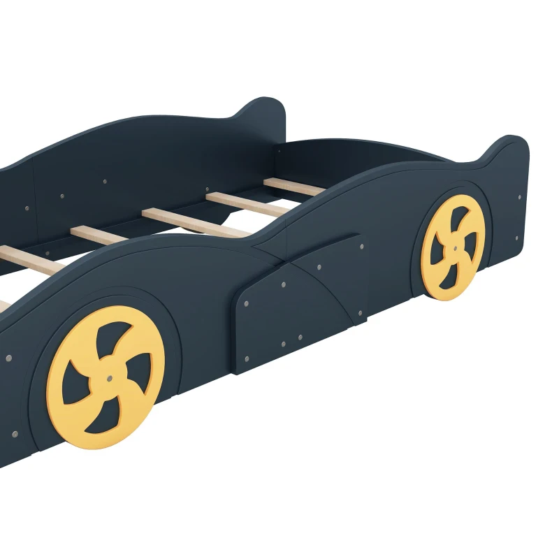 Twin Size Race Car-Shaped Platform Bed with Wheels and Storage, Solid Wood and MDF, 90.5" L x 40" W x 15.5" H, Dark Blue