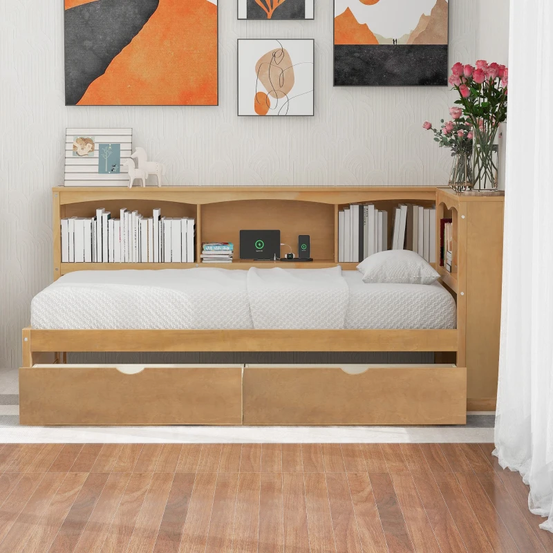 Twin Size Daybed with 2 Storage Drawers, Storage Cabinets, USB Ports, Solid Wood and MDF, 86" L x 51" W x 37.5" H, Wood