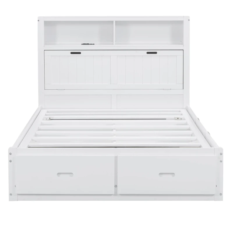 Wood Full Size Hydraulic Platform Bed with Storage LED Headboard, Charging Station, and 2 Drawers, 86" L x 56.5" W x 47" H, White