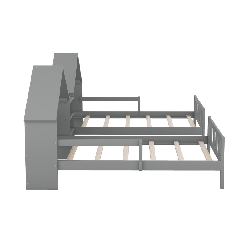 Double Twin Size Platform Bed with House-Shaped Headboard, Built-in Nightstand, Solid Wood Construction, 99.5" L x 78" W x 48" H, Gray