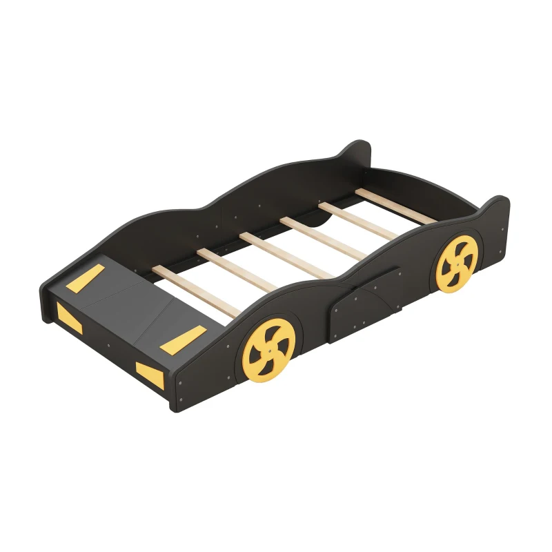 Twin Size Race Car-Shaped Platform Bed with Wheels and Storage, Solid Wood and MDF, 90.5" L x 40" W x 15.5" H, Black