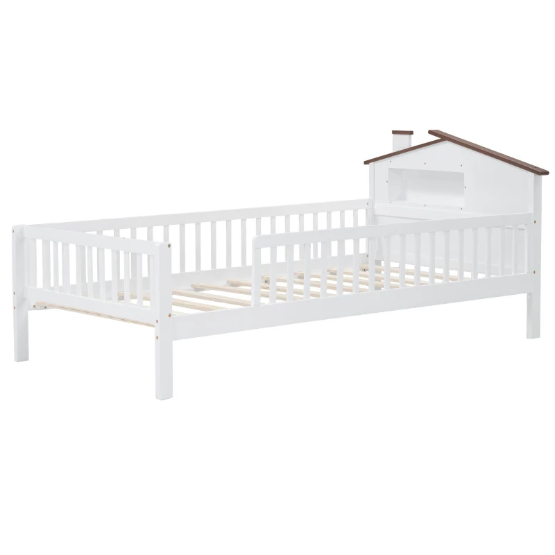 Twin Size Wood Platform Bed with House-Shaped Headboard, LED Light, Built-in Storage, 82" L x 41" W x 36" H, White