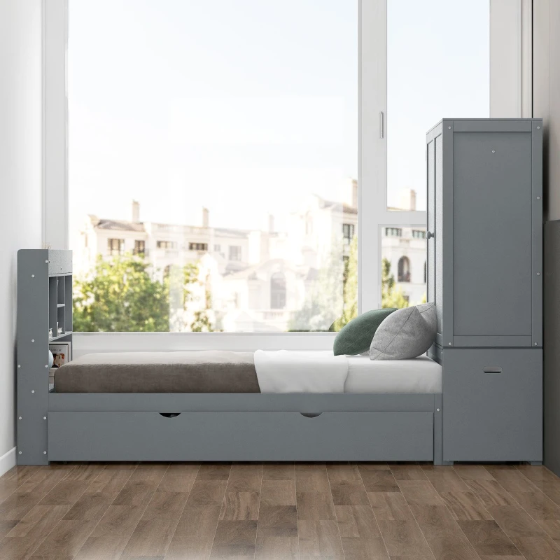 Twin Size Platform Bed with Storage Headboard, Footboard, Pull Out Shelves, and Twin Size Trundle, 101" L x 41.5" W x 65.5" H, Gray
