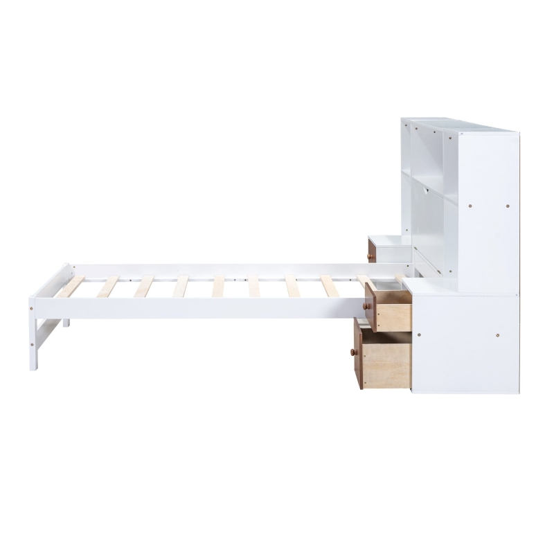 Vinsetto Twin Size Platform Bed with Storage Headboard, Drawers, and Nightstands, Solid Wood and MDF, 87" L x 73.5" W x 45" H, White