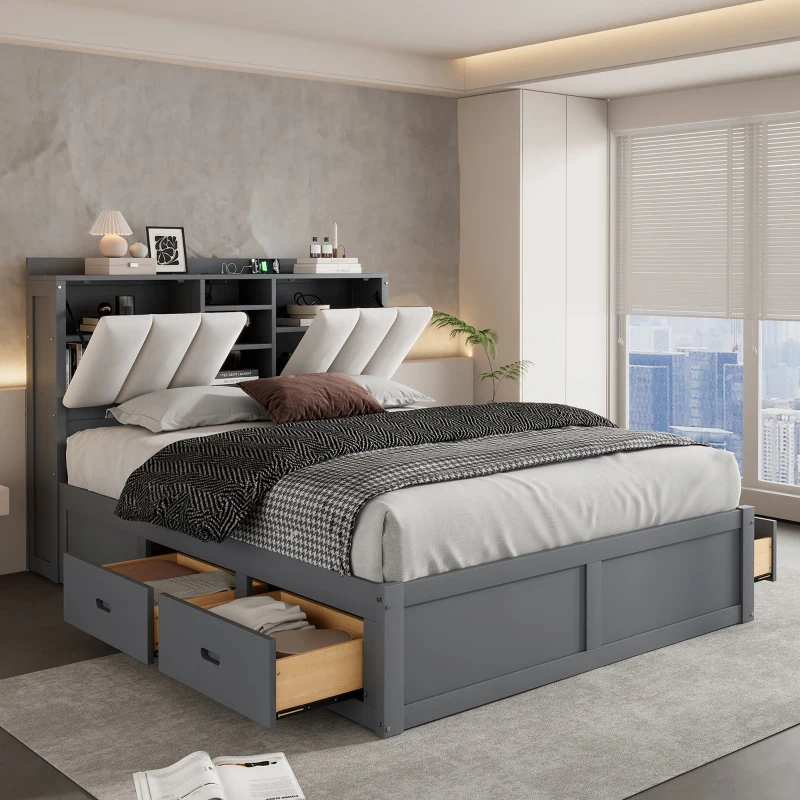 Vinsetto Wood Full Size Platform Bed with Storage Headboard, 4 Drawers, USB Charging Interface, 87" L x 56.5" W x 39.5" H, Gray