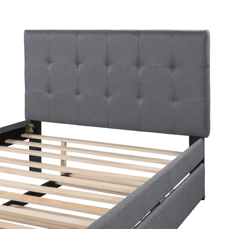 Vinsetto Full Size Linen Upholstered Platform Bed with Headboard and Trundle, Solid Wood Frame, Built-in Slats, 79" L x 58" W x 47" H, Gray