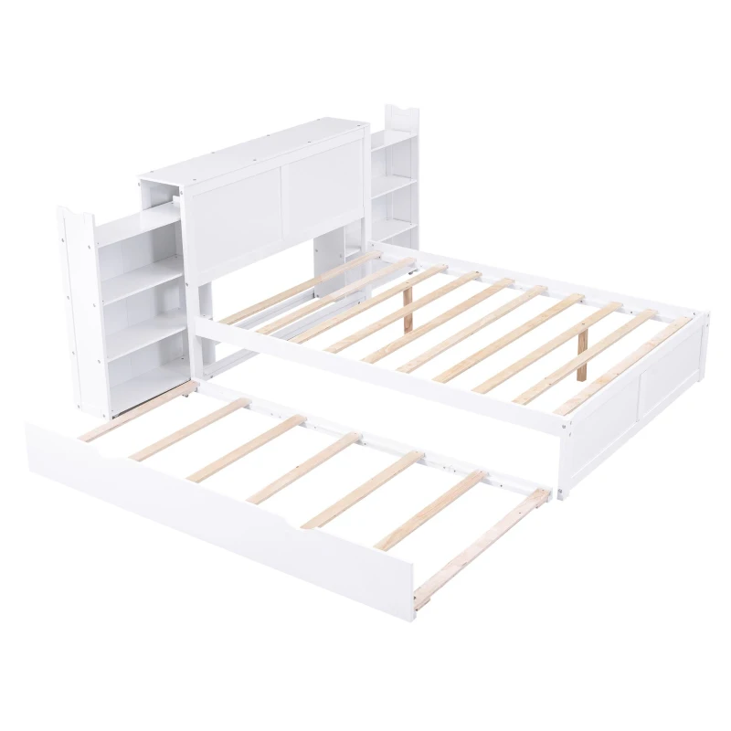Full Size Storage Platform Bed with Pull Out Shelves, Twin Size Trundle, Solid Wood and MDF, 98" L x 89" W x 39.5" H, White