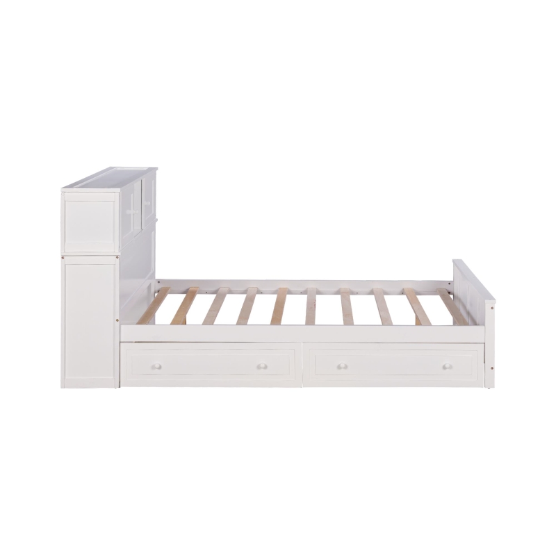 Vinsetto Full Size Platform Bed with Storage Headboard, Sliding Door, and 2 Drawers, Solid Wood and MDF, 89" L x 58" W x 42" H, White