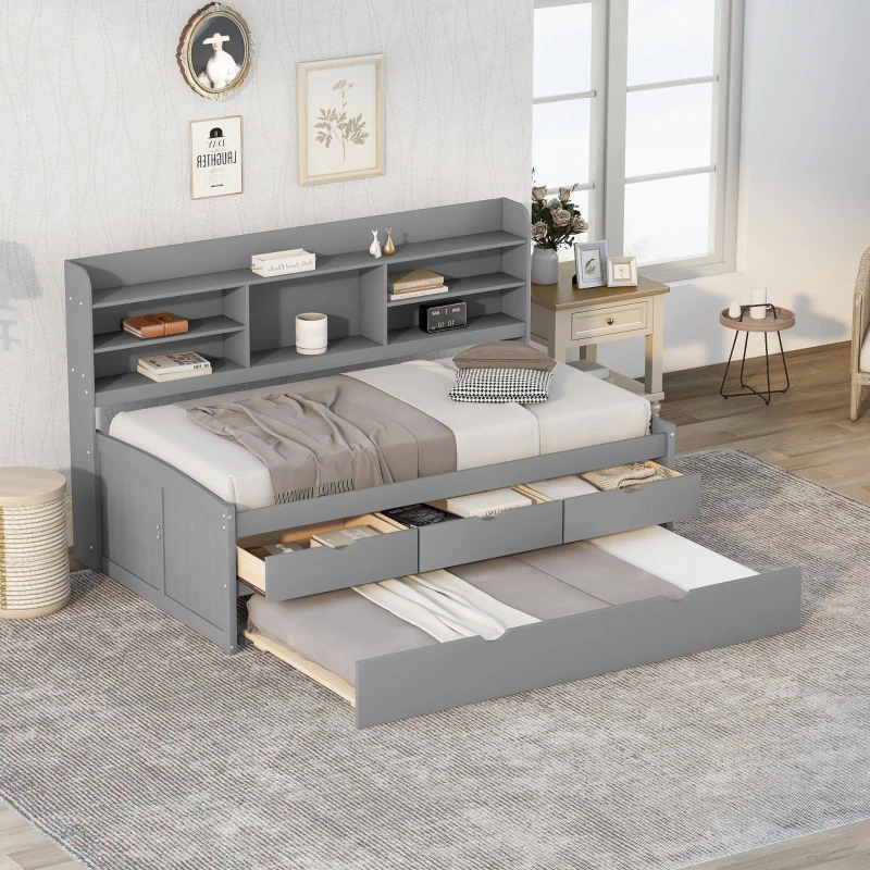 Classic Style Twin Size Wooden Captain Bed with Built-in Bookshelves, 3 Storage Drawers, and Trundle, 77.5" L x 88" W x 47" H, Gray