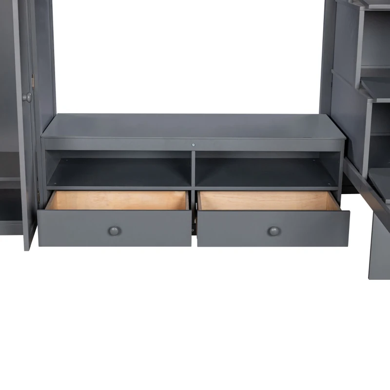 Full Size Loft Bed Frame with Wardrobe, Low Storage Table, Storage Staircase, Solid Wood and MDF, 93.5" L x 56.5" W x 65.5" H, Gray