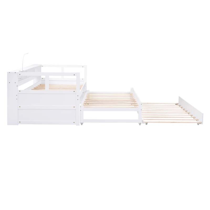 Twin XL Wood Daybed with 2 Trundles, 3 Storage Cubbies, USB Charging Design, and Free Light, 82" L x 129.5" W x 35.5" H, White