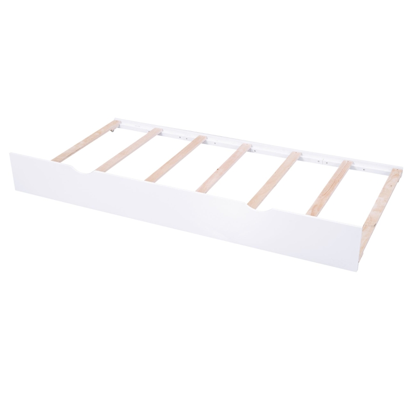 Queen Size Storage Platform Bed with Pull Out Shelves and Twin XL Trundle, Solid Wood and MDF, 111.5" L x 93.5" W x 39.5" H, White